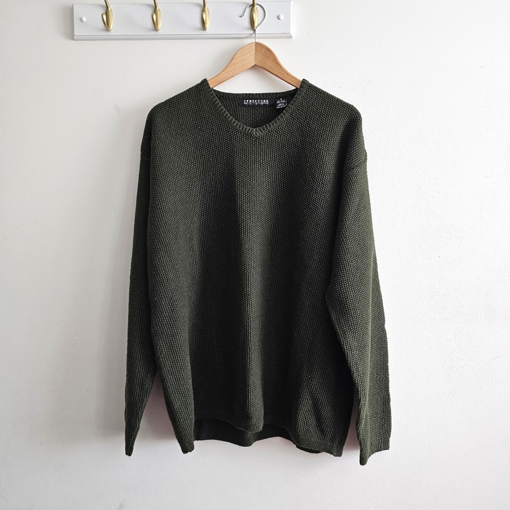 Vintage 90s NWT Structure Olive Green Knit Deadstock Sweater Made in Hong Kong